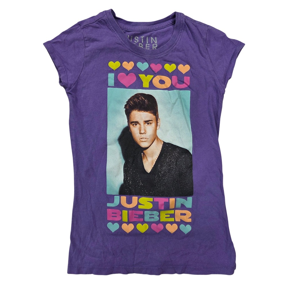 Y2k Justin Bieber Purple I Heart You Graphic Tee Shirt Womens M Baby Tee Pop